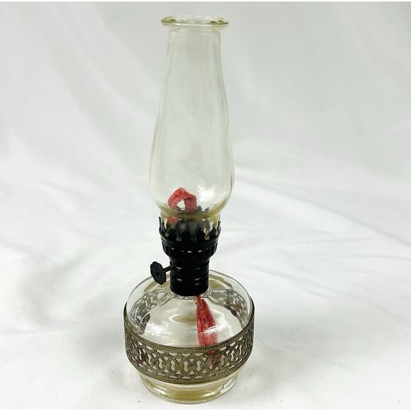 Vtg Miniature Clear Glass Oil Lamp Silver Metal Lattice Accent 8.5” Hong Kong - Picture 1 of 6